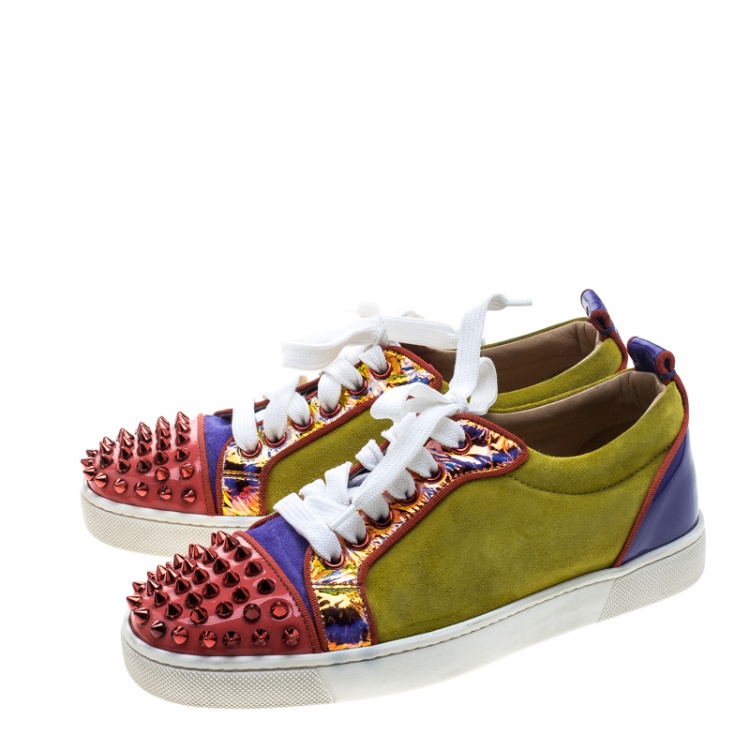 Pre Owned Christian Louboutin Multicolor Suede and Patent Leather Louis Junior Spikes Sneakers Size 36
