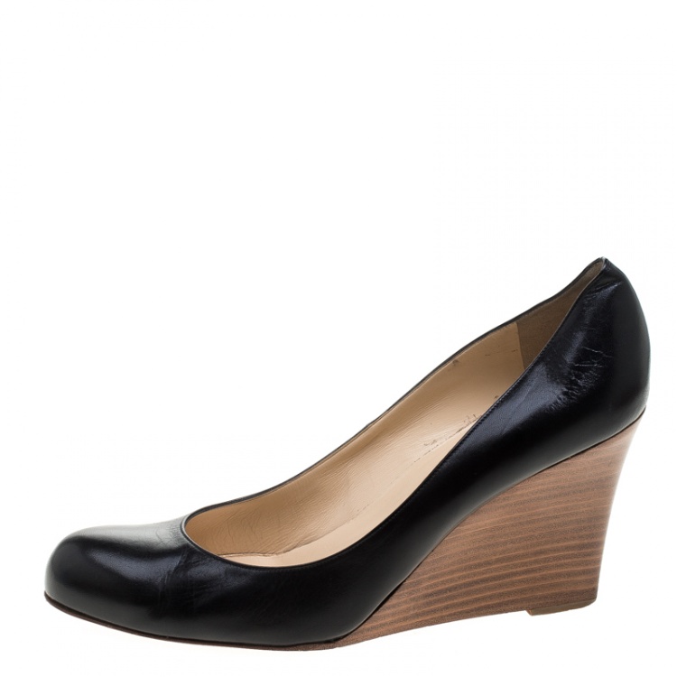 Pre Owned Christian Louboutin Black Leather Miss Boxe Wedge Pumps Size 41