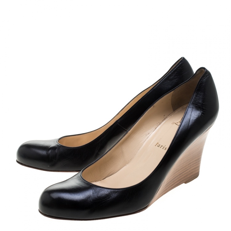 Pre Owned Christian Louboutin Black Leather Miss Boxe Wedge Pumps Size 41
