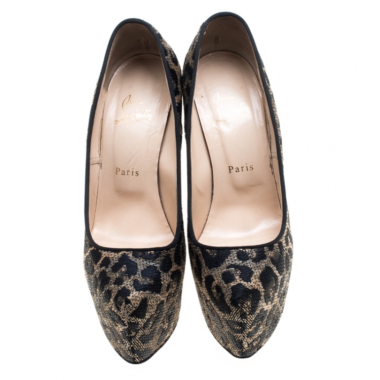 Pre Owned Christian Louboutin Two Tone Leopard Weave Raffia Daffodile Platform Pumps Size 38