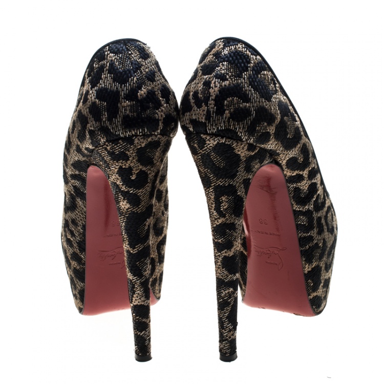 Pre Owned Christian Louboutin Two Tone Leopard Weave Raffia Daffodile Platform Pumps Size 38