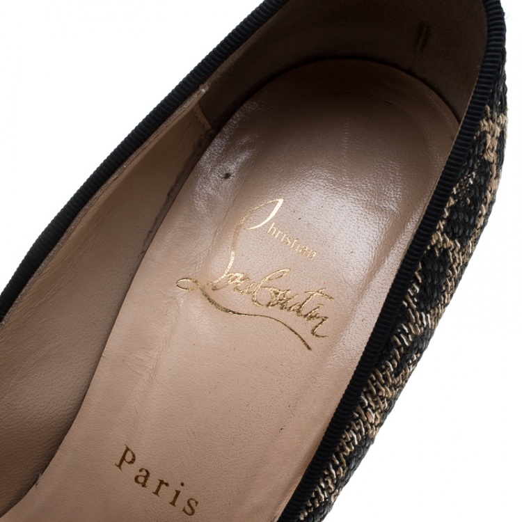 Pre Owned Christian Louboutin Two Tone Leopard Weave Raffia Daffodile Platform Pumps Size 38
