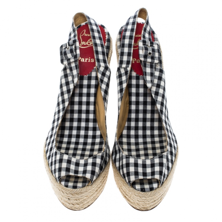 Pre Owned Christian Louboutin Black Canvas Menorca Gingham Espadrille Wedge Sandals Size 39