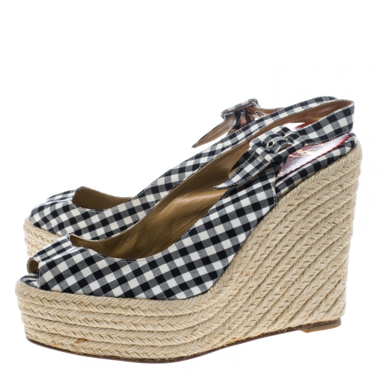Pre Owned Christian Louboutin Black Canvas Menorca Gingham Espadrille Wedge Sandals Size 39
