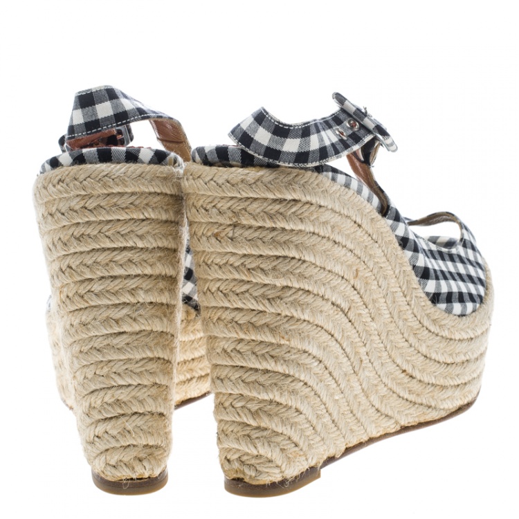 Pre Owned Christian Louboutin Black Canvas Menorca Gingham Espadrille Wedge Sandals Size 39