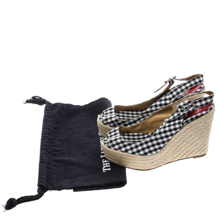 Pre Owned Christian Louboutin Black Canvas Menorca Gingham Espadrille Wedge Sandals Size 39
