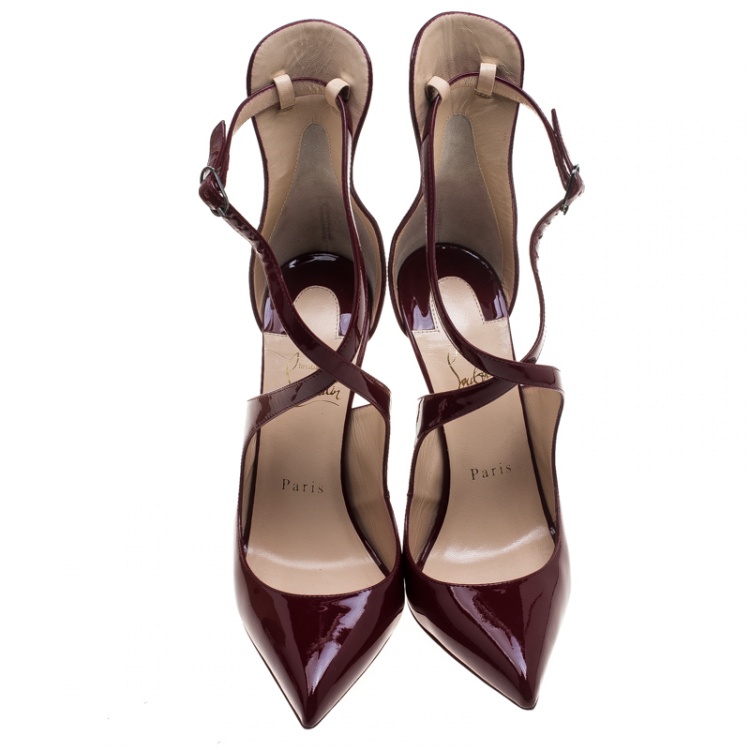 Pre Owned Christian Louboutin Cherry Red Patent Leather Marlenarock Cross Strap D'orsay Pumps Size 37.5