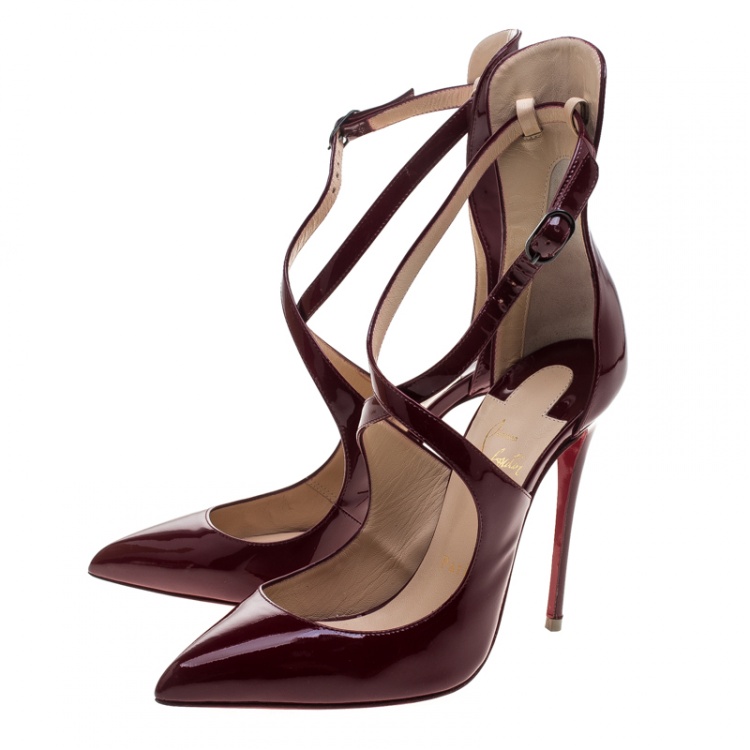 Pre Owned Christian Louboutin Cherry Red Patent Leather Marlenarock Cross Strap D'orsay Pumps Size 37.5