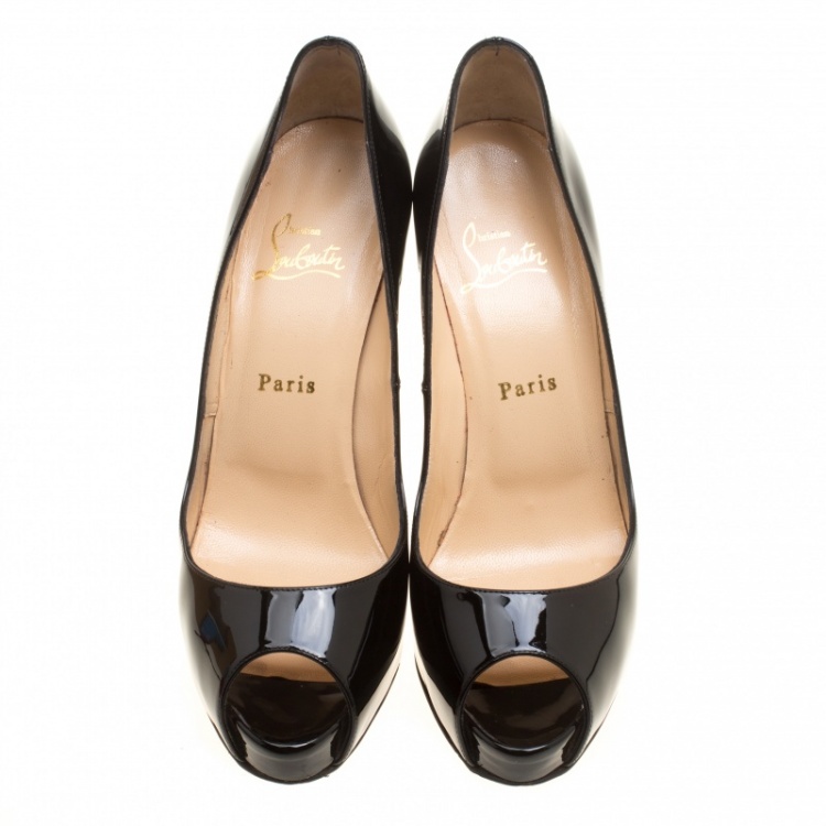 Pre Owned Christian Louboutin Black Patent Leather Hyper Prive Peep Toe Platform Pumps Size 39.5