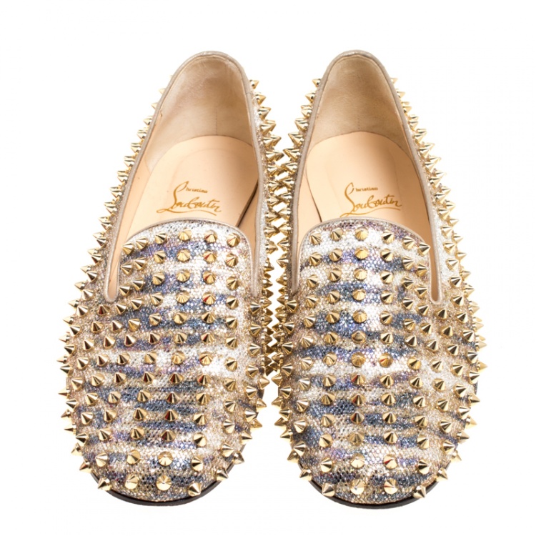Pre Owned Christian Louboutin Metallic Glitter Fabric Rolling Spikes Smoking Slippers Size 40