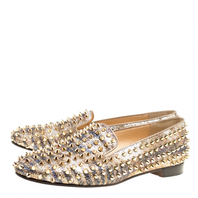 Pre Owned Christian Louboutin Metallic Glitter Fabric Rolling Spikes Smoking Slippers Size 40