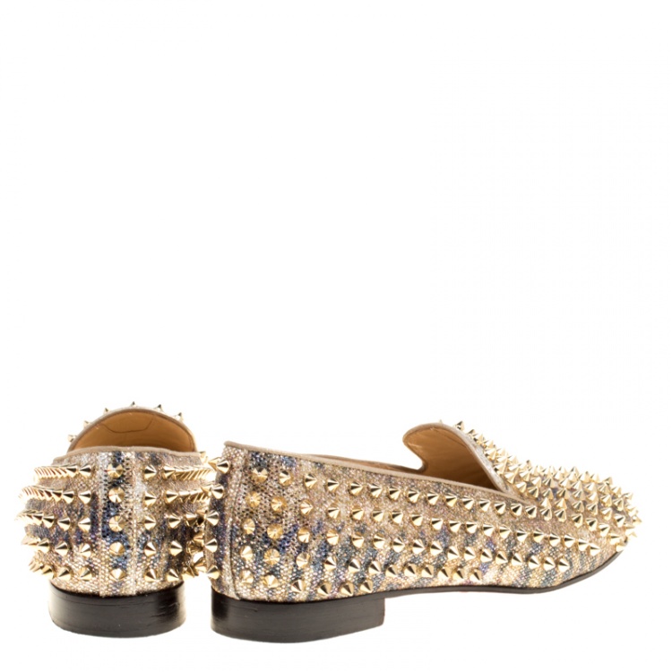 Pre Owned Christian Louboutin Metallic Glitter Fabric Rolling Spikes Smoking Slippers Size 40