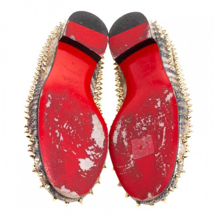 Pre Owned Christian Louboutin Metallic Glitter Fabric Rolling Spikes Smoking Slippers Size 40