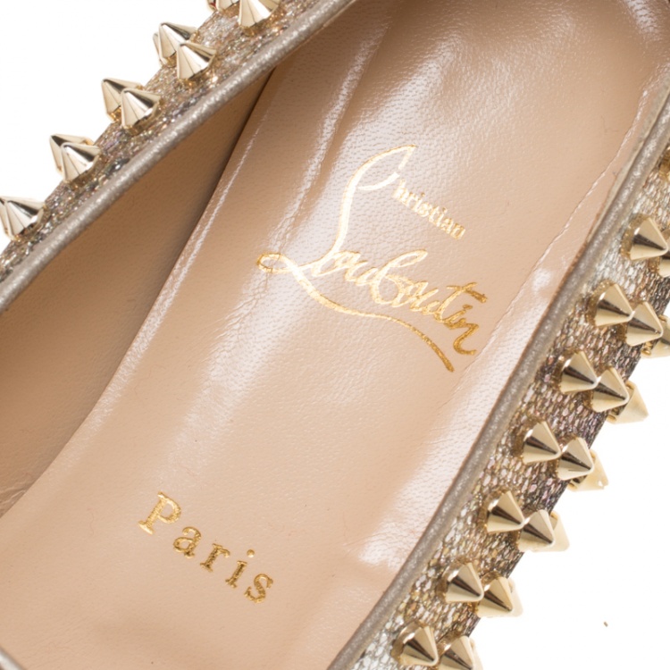 Pre Owned Christian Louboutin Metallic Glitter Fabric Rolling Spikes Smoking Slippers Size 40