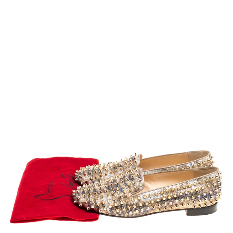 Pre Owned Christian Louboutin Metallic Glitter Fabric Rolling Spikes Smoking Slippers Size 40
