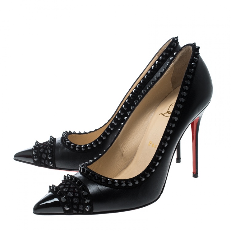 Pre Owned Christian Louboutin Black Leather and Suede Malabar Hill Spiked Pumps Size 40