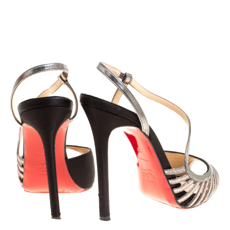مملوكة مسبقًا Christian Louboutin Black Satin Scoubridou Asymmetric Mixed Media Sandals Size 37