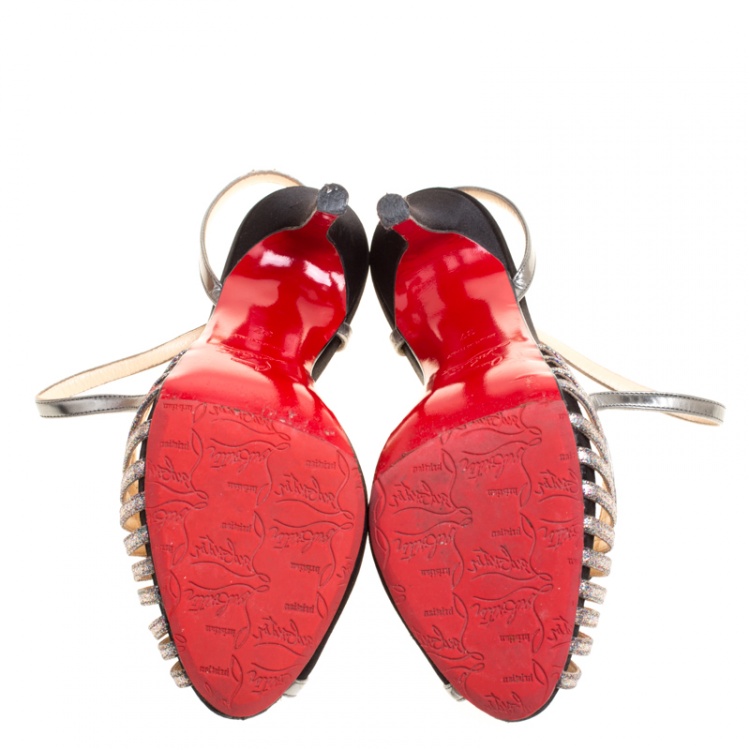 مملوكة مسبقًا Christian Louboutin Black Satin Scoubridou Asymmetric Mixed Media Sandals Size 37