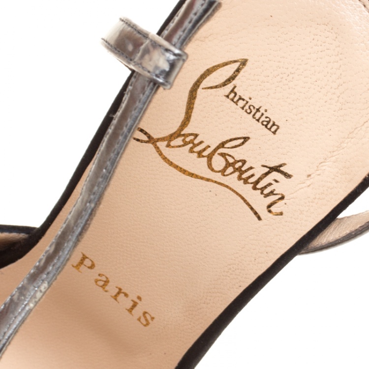 مملوكة مسبقًا Christian Louboutin Black Satin Scoubridou Asymmetric Mixed Media Sandals Size 37