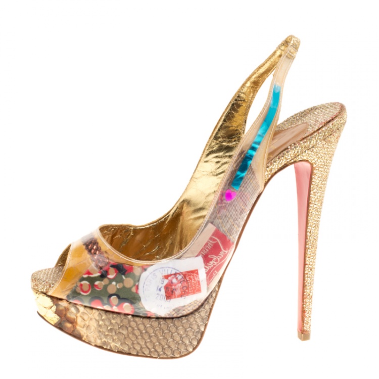 Pre Owned Christian Louboutin Khaki PVC Eco Trash Peep Toe Platform Slingback Sandals Size 39