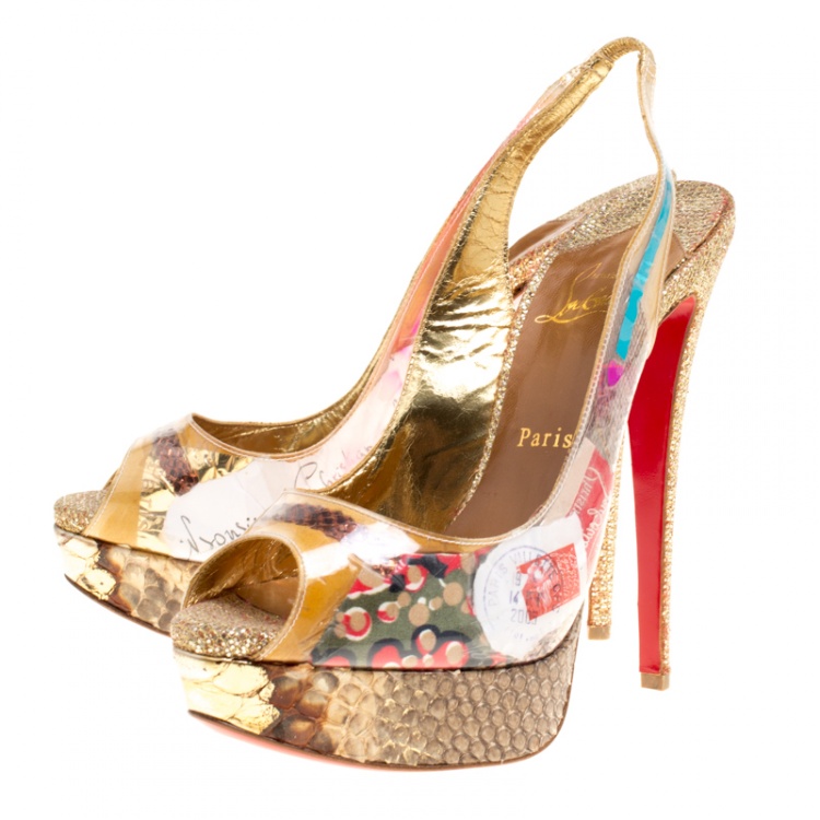 Pre Owned Christian Louboutin Khaki PVC Eco Trash Peep Toe Platform Slingback Sandals Size 39