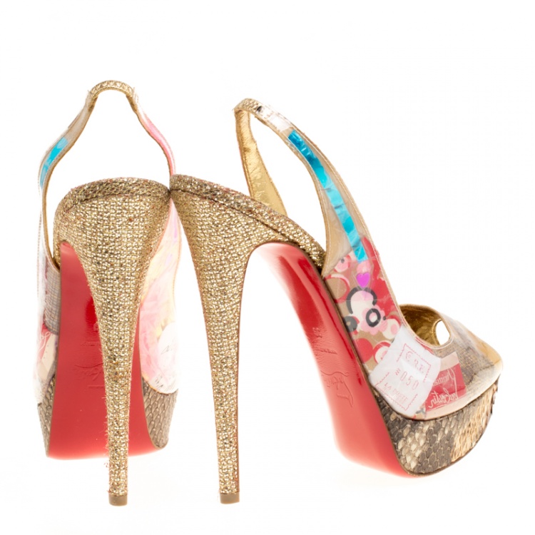 Pre Owned Christian Louboutin Khaki PVC Eco Trash Peep Toe Platform Slingback Sandals Size 39