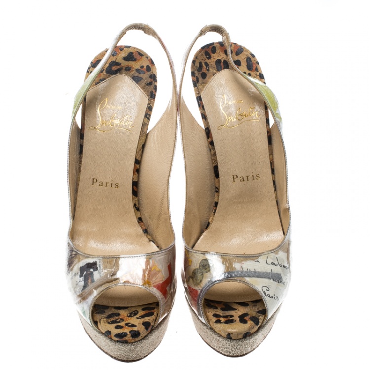 Pre Owned Christian Louboutin Beige PVC Eco Trash Peep Toe Platform Slingback Sandals Size 39