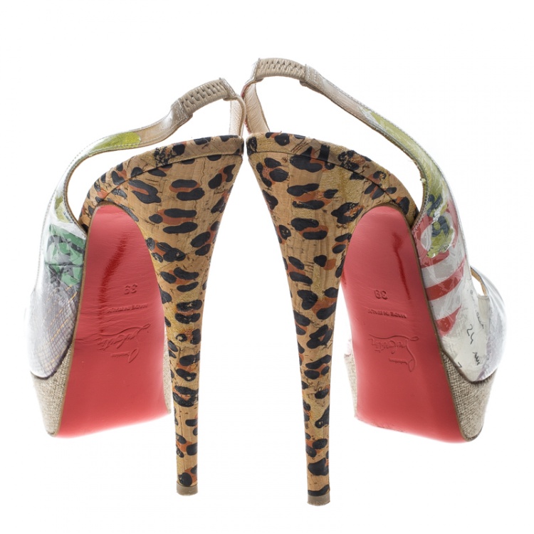 Pre Owned Christian Louboutin Beige PVC Eco Trash Peep Toe Platform Slingback Sandals Size 39