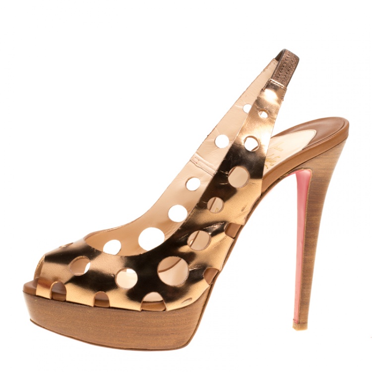 Pre Owned Christian Louboutin Bronze Leather Ginza Platform Slingback Sandals Size 39.5