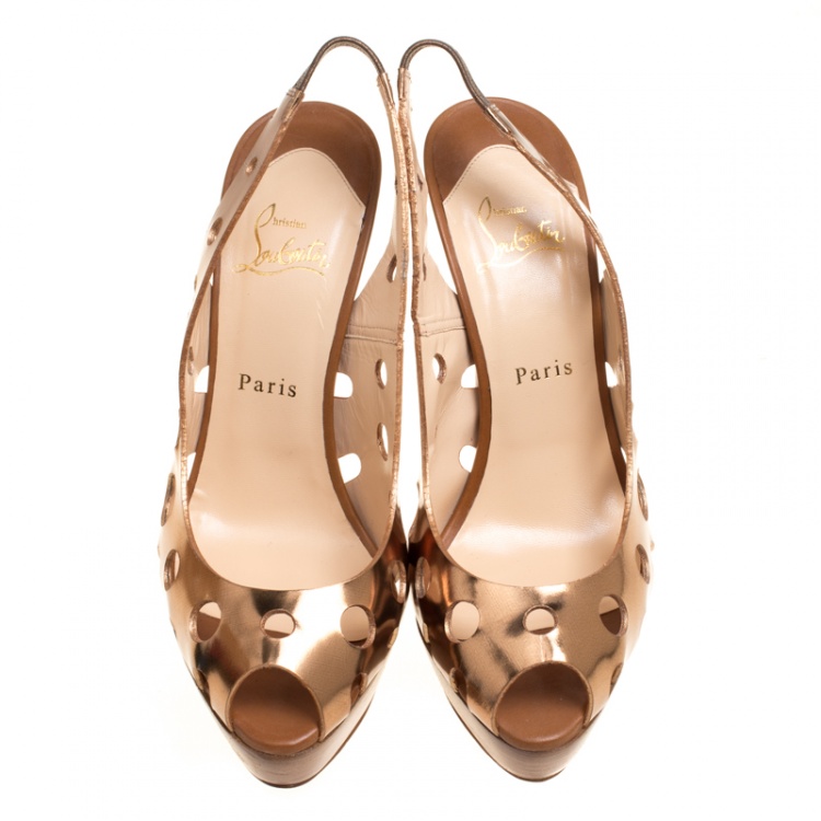 Pre Owned Christian Louboutin Bronze Leather Ginza Platform Slingback Sandals Size 39.5