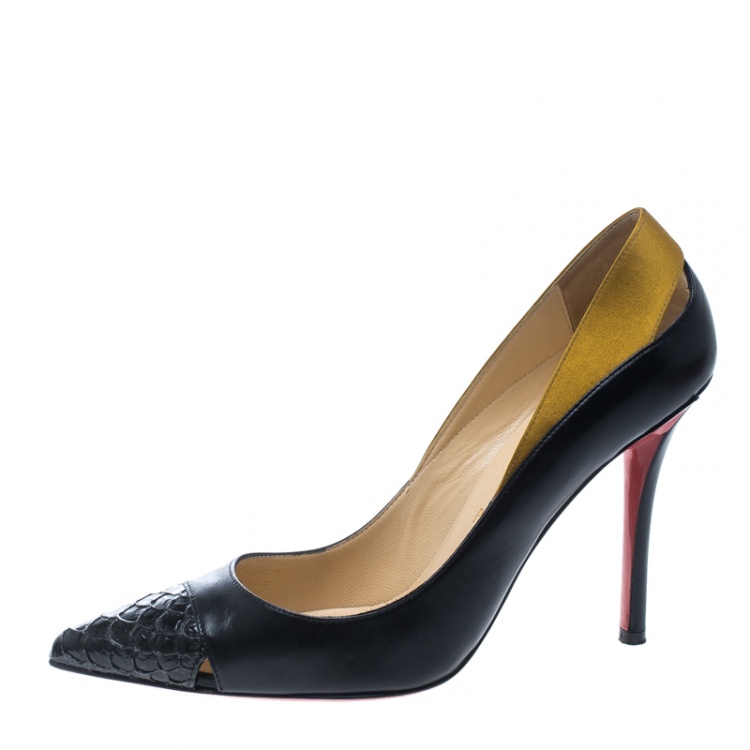 Pre Owned Christian Louboutin Two Tone Leather and Satin Pointed Toe Pumps Size 37