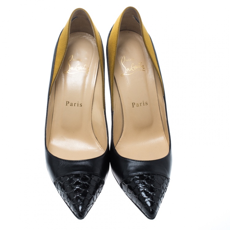 Pre Owned Christian Louboutin Two Tone Leather and Satin Pointed Toe Pumps Size 37