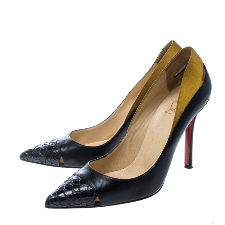 Pre Owned Christian Louboutin Two Tone Leather and Satin Pointed Toe Pumps Size 37