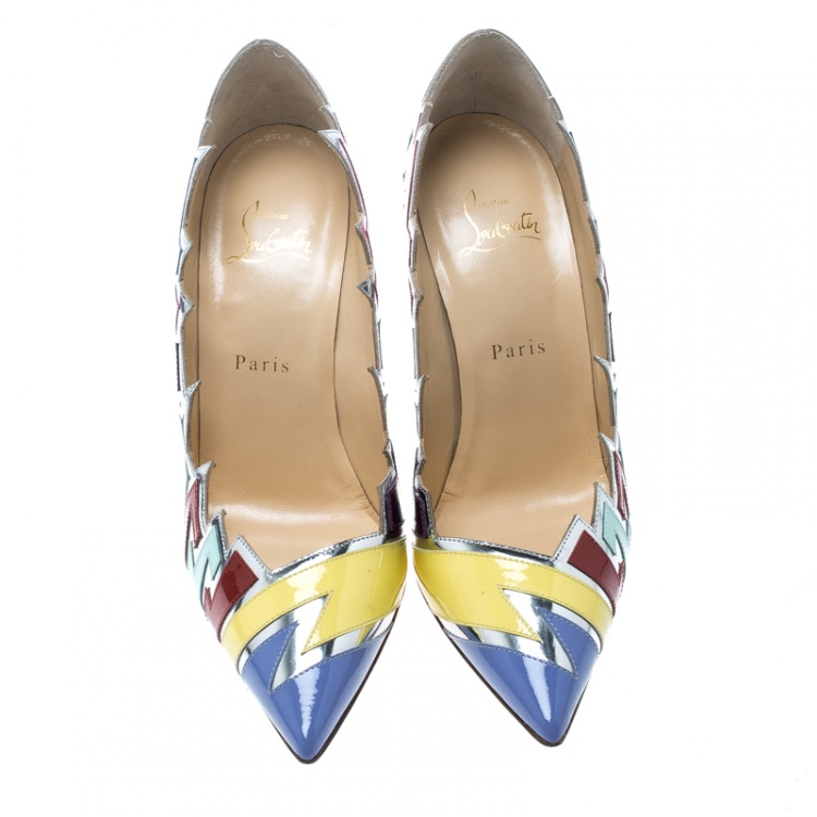 Pre Owned  Christian Louboutin Multicolor Jagged Leather Explotek Pointed Toe Pumps Size 38.5