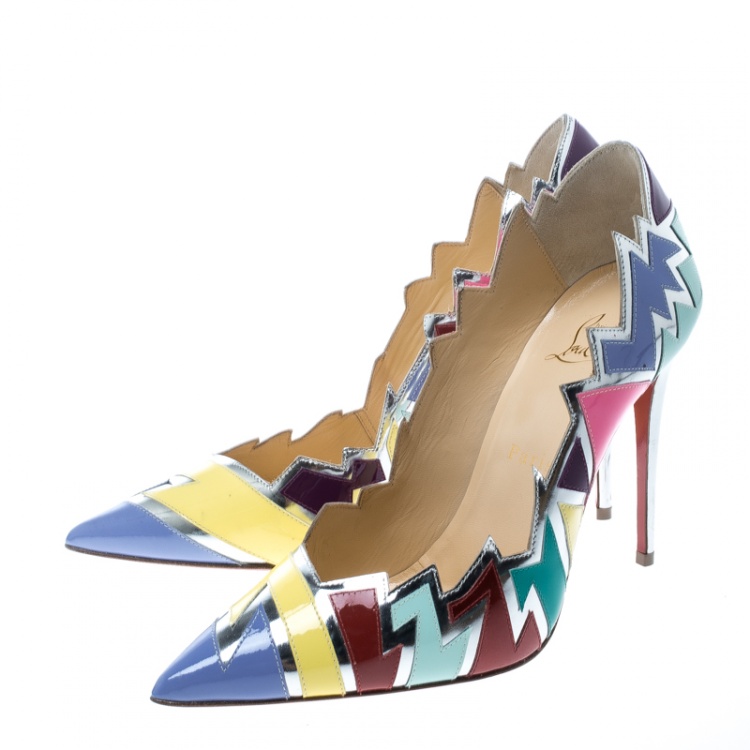 Pre Owned  Christian Louboutin Multicolor Jagged Leather Explotek Pointed Toe Pumps Size 38.5