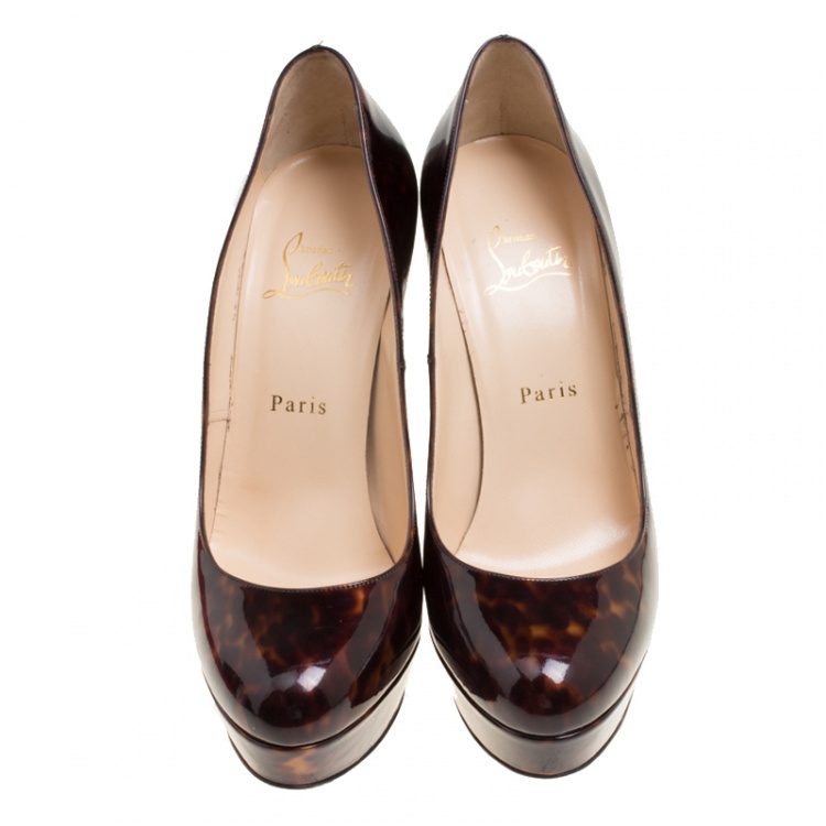 Pre Owned Christian Louboutin Brown Tortoise Print Patent Leather Bianca Platform Pumps Size 39