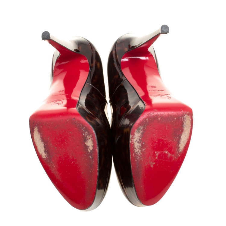 Pre Owned Christian Louboutin Brown Tortoise Print Patent Leather Bianca Platform Pumps Size 39