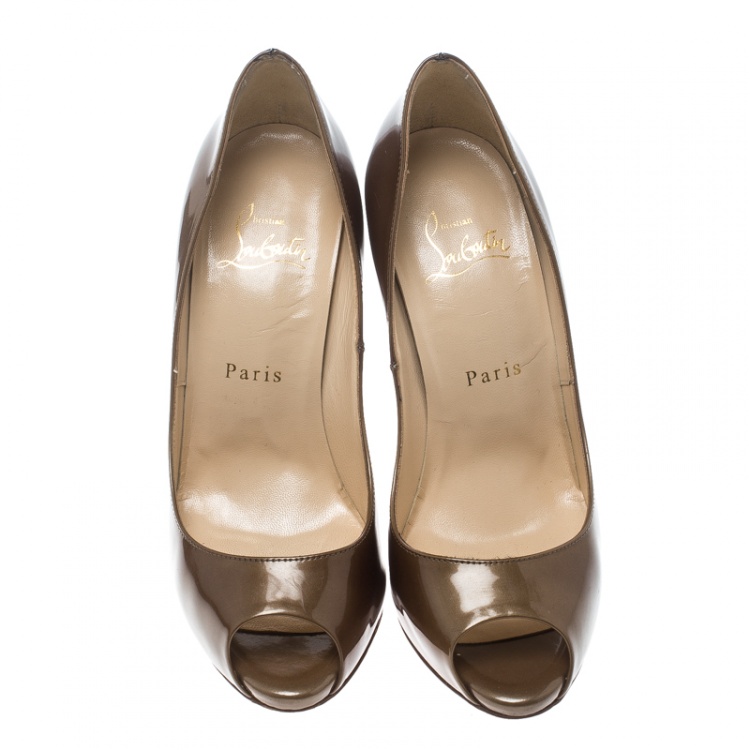 Pre Owned Christian Louboutin Khaki Patent Leather Flo Peep Toe Pumps Size 37