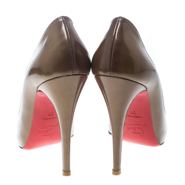 Pre Owned Christian Louboutin Khaki Patent Leather Flo Peep Toe Pumps Size 37