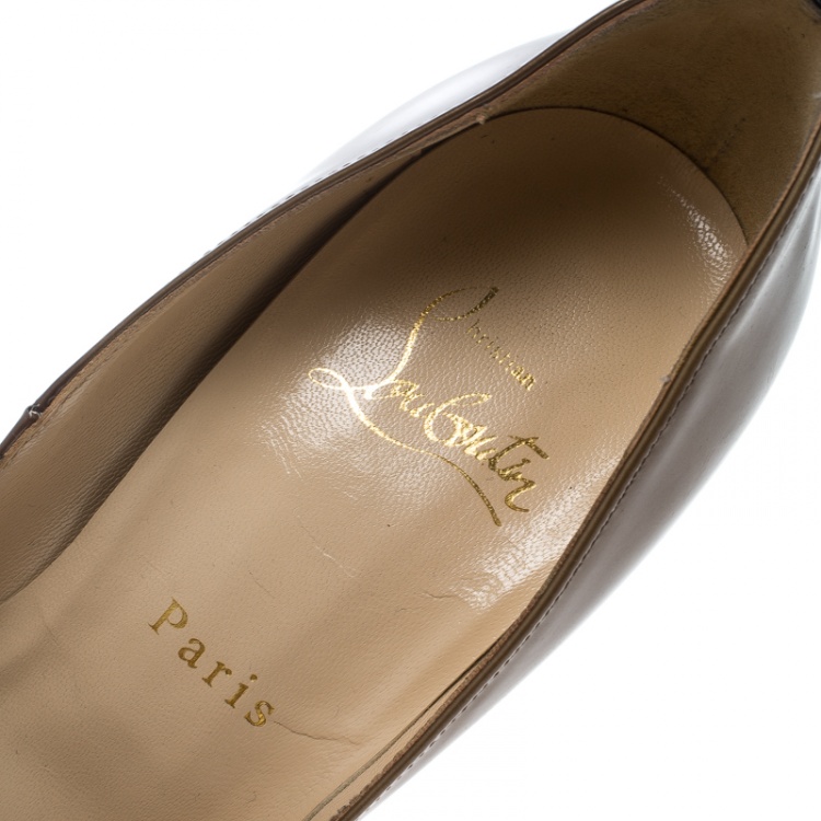 Pre Owned Christian Louboutin Khaki Patent Leather Flo Peep Toe Pumps Size 37