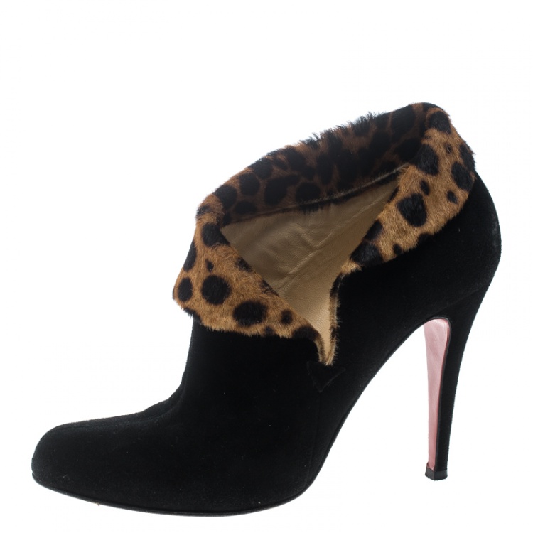 Pre Owned Christian Louboutin Black/Brown Suede and Pony Hair Chrame Ankle Boots Size 37.5
