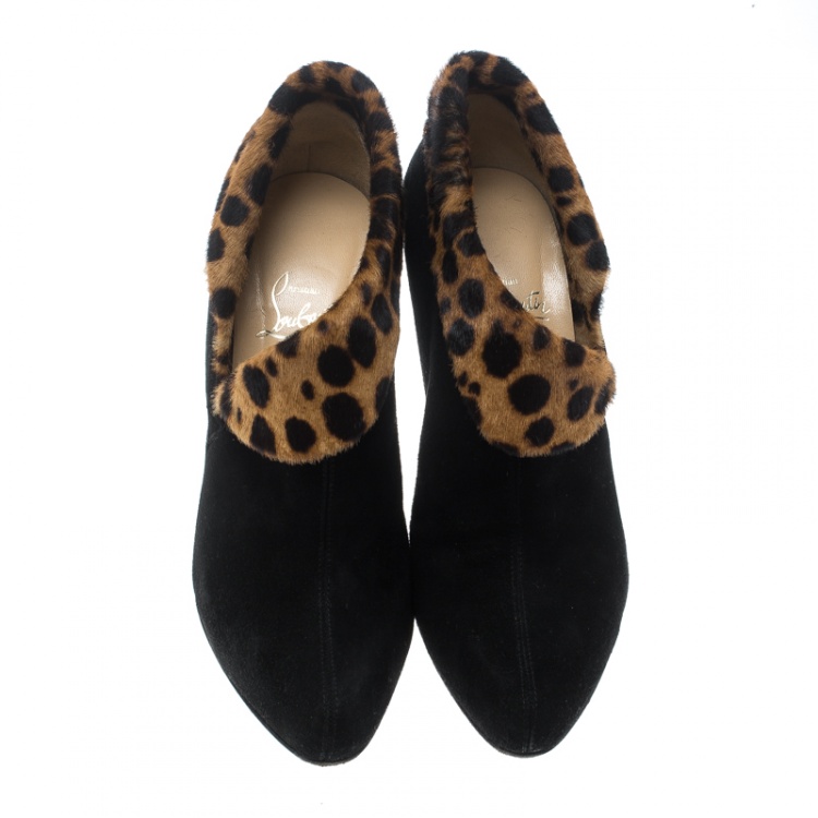Pre Owned Christian Louboutin Black/Brown Suede and Pony Hair Chrame Ankle Boots Size 37.5