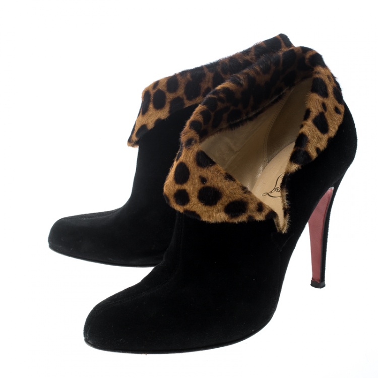 Pre Owned Christian Louboutin Black/Brown Suede and Pony Hair Chrame Ankle Boots Size 37.5