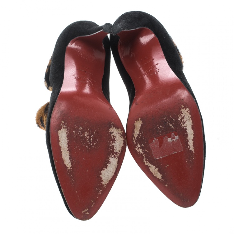 Pre Owned Christian Louboutin Black/Brown Suede and Pony Hair Chrame Ankle Boots Size 37.5