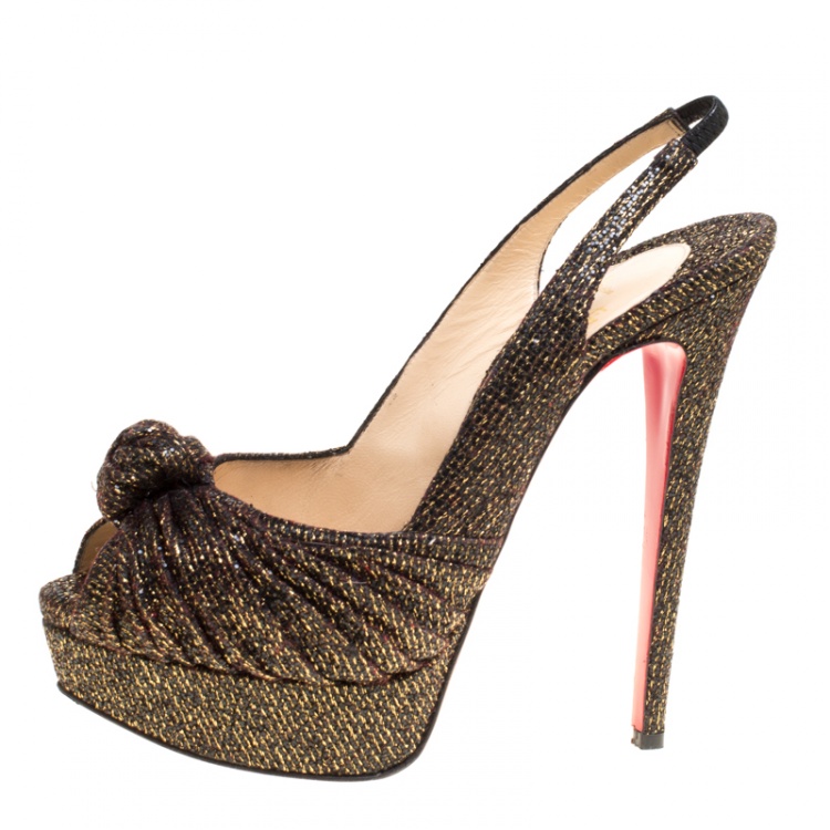 Pre Owned Christian Louboutin Black and Gold Glitter Fabric Jenny Platform Slingback Sandals Size 38.5