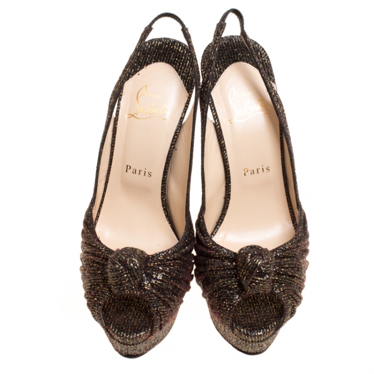 Pre Owned Christian Louboutin Black and Gold Glitter Fabric Jenny Platform Slingback Sandals Size 38.5