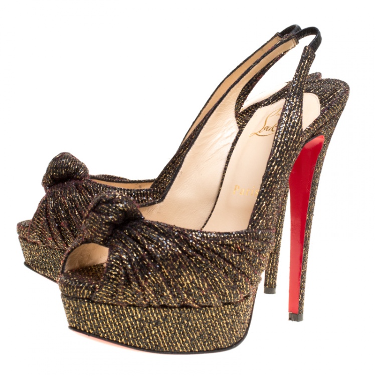 Pre Owned Christian Louboutin Black and Gold Glitter Fabric Jenny Platform Slingback Sandals Size 38.5