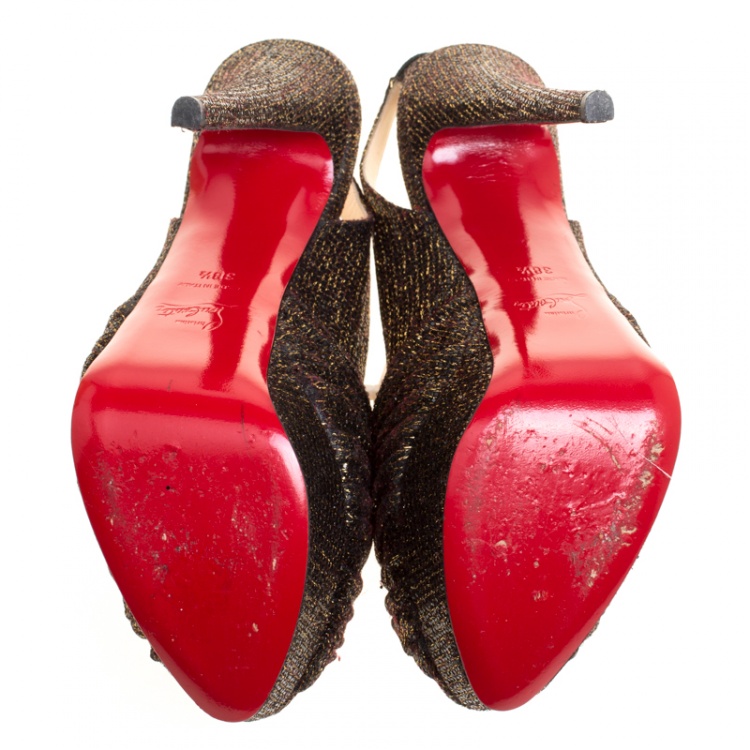 Pre Owned Christian Louboutin Black and Gold Glitter Fabric Jenny Platform Slingback Sandals Size 38.5