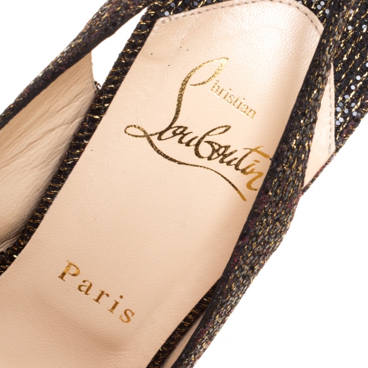 Pre Owned Christian Louboutin Black and Gold Glitter Fabric Jenny Platform Slingback Sandals Size 38.5