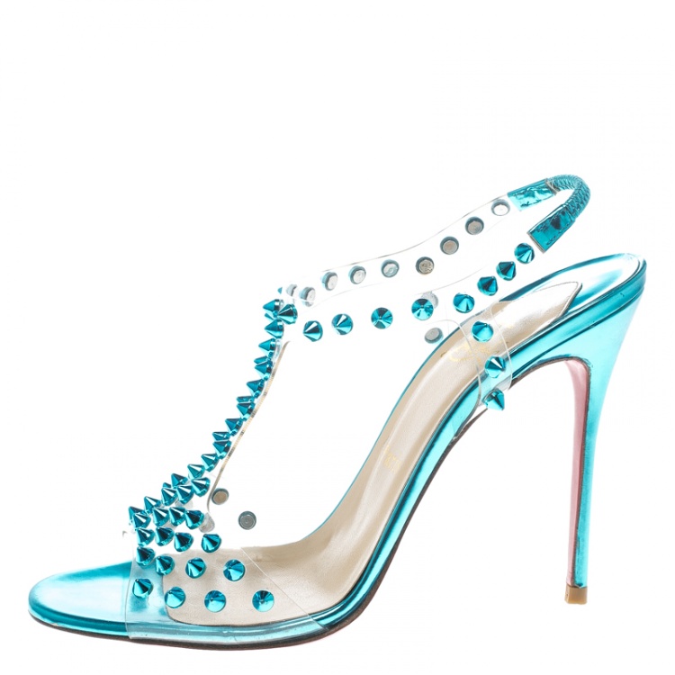 Pre Owned Christian Louboutin Turquoise Spiked PVC J-Lissimo T Strap Sandals Size 37